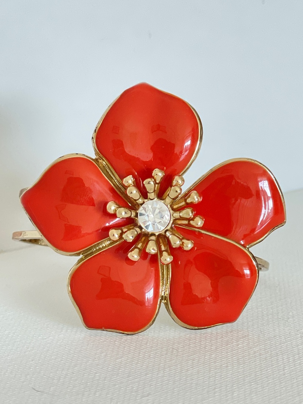Enamel Clamper Bangle Bracelet Orange Flower Rhinestone Center Gold Tone